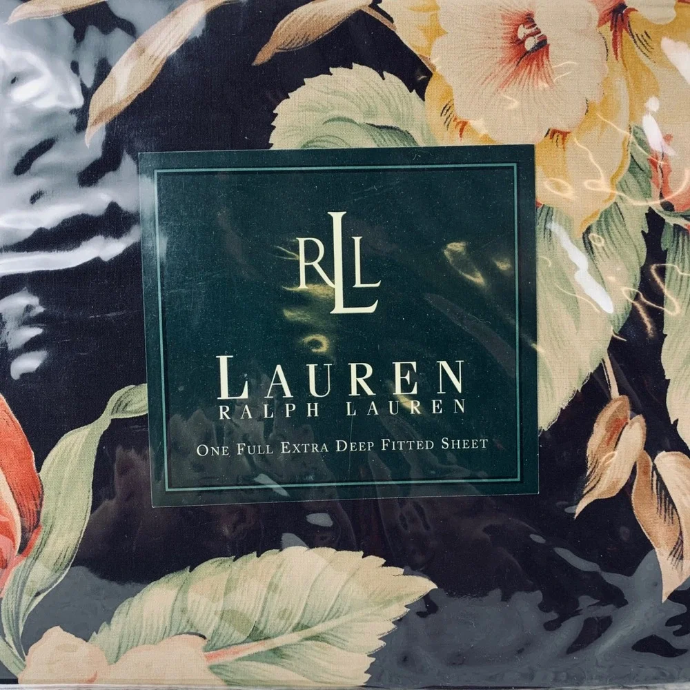Ralph Lauren Fitted Sheet‎ Full Black Charleston Floral Deep 100% Cotton Vintage